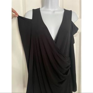 VENUS • Flattering black cold shoulder wrap dress